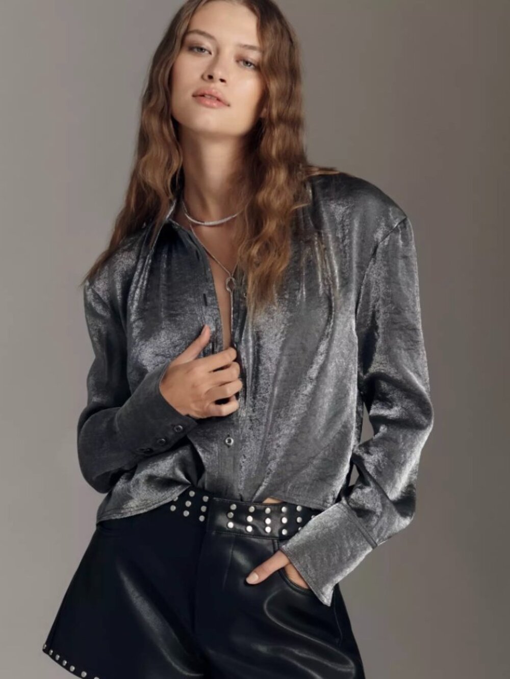 Pilcro Metallic Charcoal Satin Button-Down Shirt - Women Tops